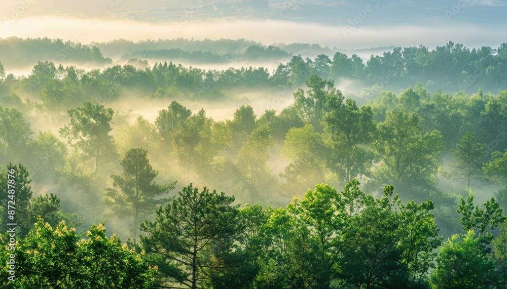 Poster a mesmerizing sight of a forest with sun rays piercing through mist, casting an enchanting atmospher