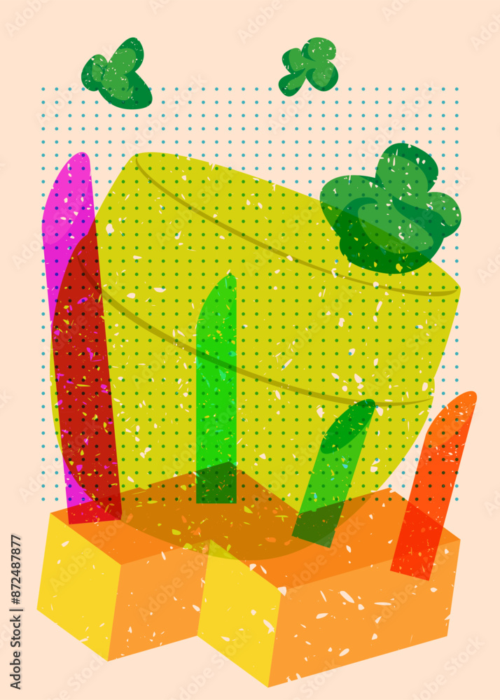 Poster risograph face cream container with geometric shapes. objects in trendy riso graph print texture sty