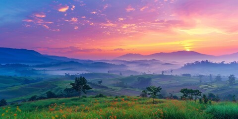 A colorful sunrise painting the sky with hues of orange and pink over a serene countryside landscape