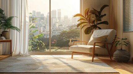 A living room with a white chair, a potted plant, and a vase