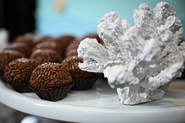 close up of chocolate truffles, chocolate candy on a plate, brigadeiro, brazilian sweet, sweet table, birthday party
