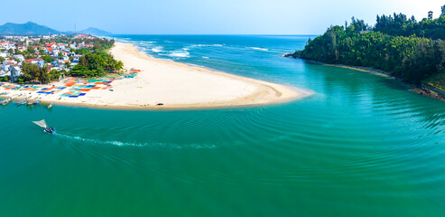 Aerial view of Lang Co bay and beach, Hai Van pass, Lap An lagoon, Hue, Vietnam. Travel and landscape concpet.