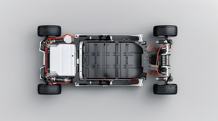 Detailed Cutaway View of Electric Vehicle Chassis with Battery Pack on White Background