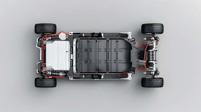 Detailed Cutaway View of Electric Vehicle Chassis with Battery Pack on White Background
