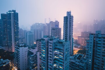 Obraz premium Hong Kong Skyline at Dusk with Fog