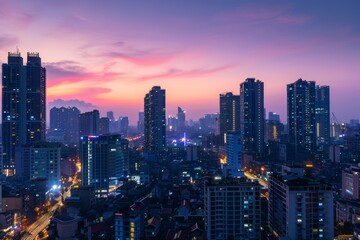Cityscape at Sunset with Skyscrapers and Traffic