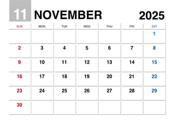 2025年11月のカレンダー日曜始まり日本の祝日表記無し