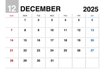2025年12月のカレンダー日曜始まり日本の祝日表記無し