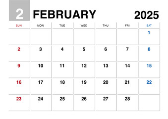 2025年2月のカレンダー日曜始まり日本の祝日表記無し