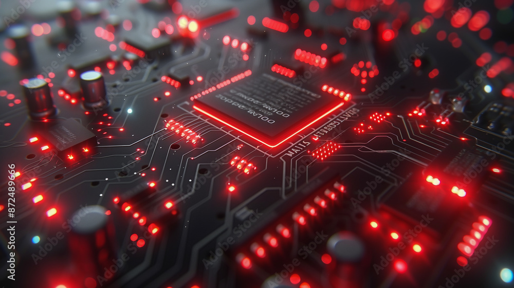 Poster close-up of glowing red circuit board with microchip