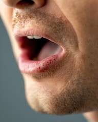 Fototapeta premium Close-up shot of a man with facial hair, partially open mouth, highlighting stubble texture. Suitable for communication, speech, or dental themes.