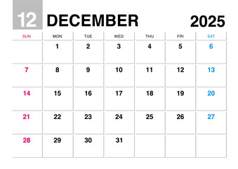 2025年12月のカレンダー日曜始まり