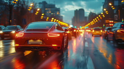 Fototapeta premium Red Sports Car Driving Through City at Night