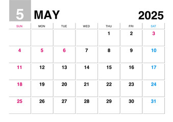 2025年5月のカレンダー日曜始まり