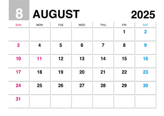 2025年8月のカレンダー日曜始まり