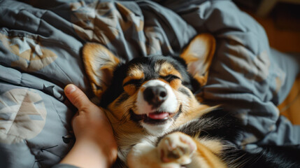 Obraz premium photo of dog being petted warm colors happy dog background