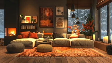 A cozy living room with a fireplace, a couch, and a potted plant