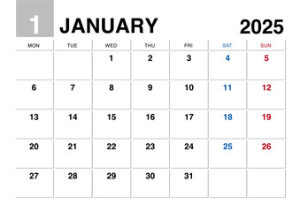 2025年1月のカレンダー月曜始まり日本の祝日表記無し
