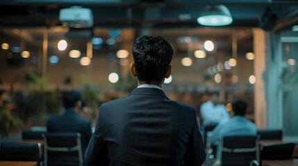 Fototapeta premium Business Presentation in Progress: executive Delivering Powerful Business Speech to Crowded Suited Audience in Office Setting