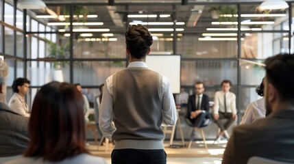 Business Presentation in Progress: executive Delivering Powerful Business Speech to Crowded Suited Audience in Office Setting