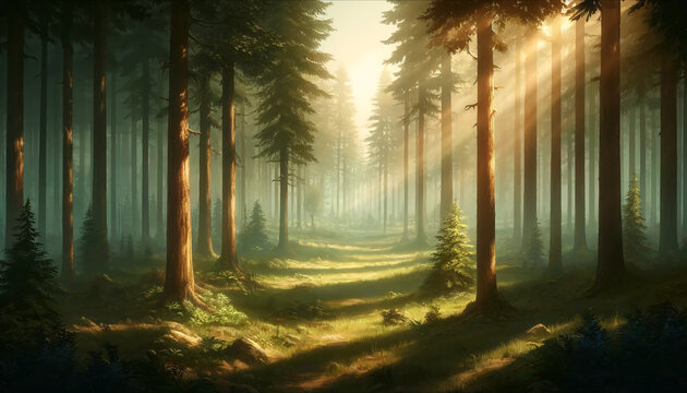 Sunlit forest RPG game background with tall trees and clearing