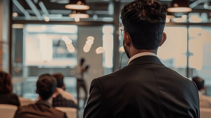 Fototapeta premium Business Presentation in Progress: executive Delivering Powerful Business Speech to Crowded Suited Audience in Office Setting
