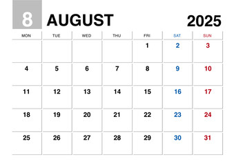 2025年8月のカレンダー月曜始まり日本の祝日表記無し
