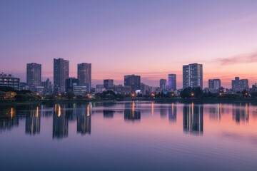 Cityscape at Dusk with Reflections in Water