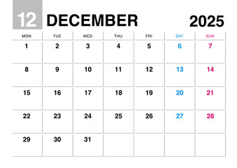 2025年12月のカレンダー月曜始まり