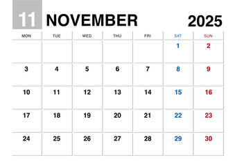 2025年11月のカレンダー月曜始まり日本の祝日表記無し
