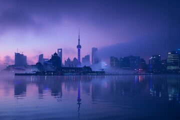 Naklejka premium Shanghai Skyline at Dawn with Fog
