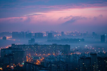 Obraz premium Cityscape at Twilight with Misty Atmosphere