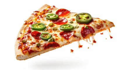Cheesy flying pizza slice with jalapenos and pepperoni, isolated on white