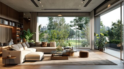 A large living room with a couch, coffee table, and potted plants