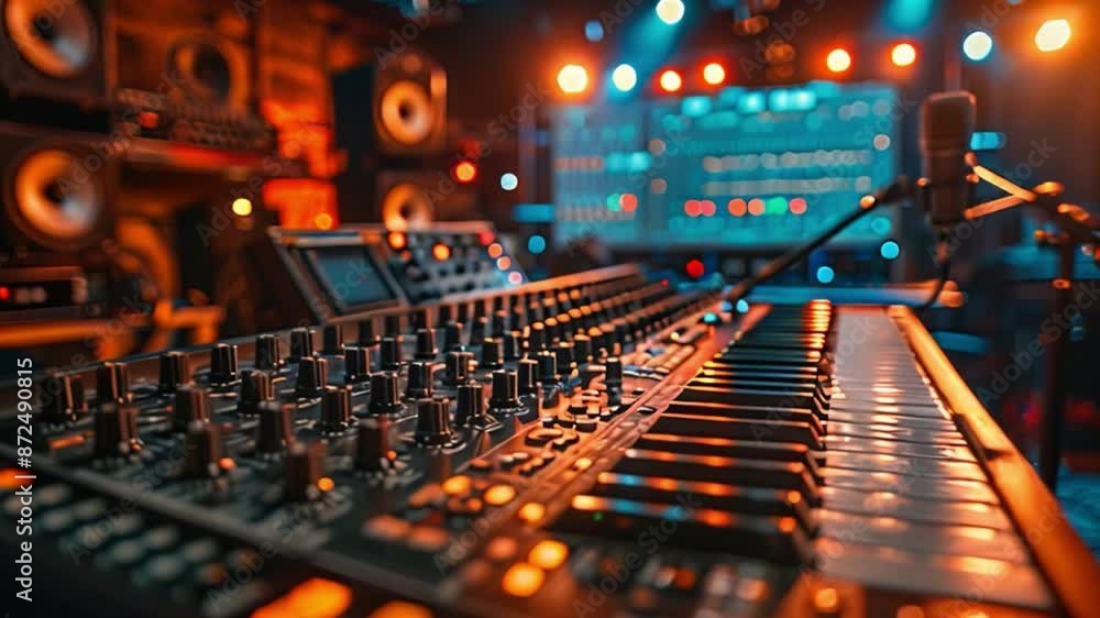 Poster This close-up view of a sound mixing board and keyboard in a recording studio.