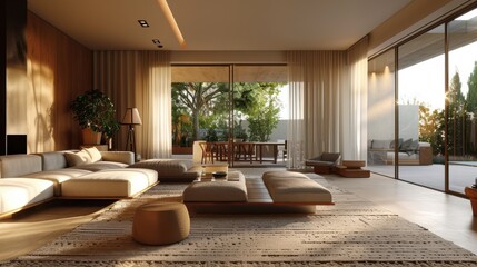 A large living room with a white couch and a white rug