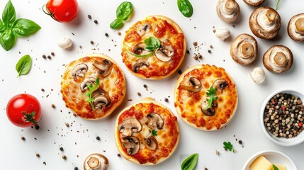 Delicious mini pizza with mushrooms and cheese, on a white background