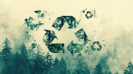 Double exposure of trees and recycle icon, environmental care