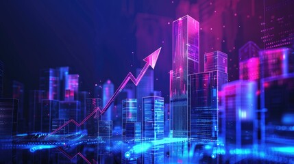 Financial growth hologram with rising arrow, abstract skyscrapers