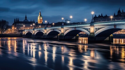 Fototapeta premium Stunning Night View of Westminster Bridge and Big Ben Reflecting on the Thames River in London