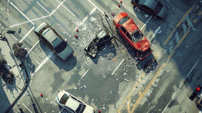Aerial view of multiple car accident at busy intersection with debris scattered, vehicle damage, and traffic disruption.