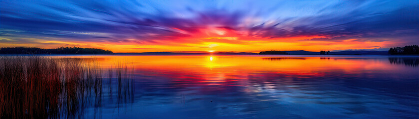 A beautiful sunset over a lake with a reflection of the sun in the water