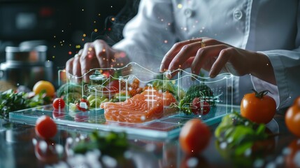 Dietitian using holographic technology to develop personalized eating plans, with holographic images displaying nutritional content and health impact of various foods