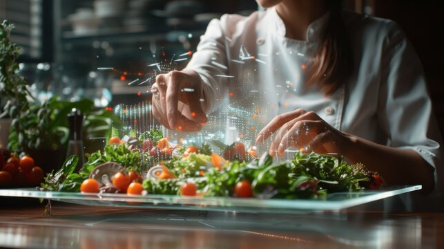 Dietitian using holographic technology to develop personalized eating plans, with holographic images displaying nutritional content and health impact of various foods
