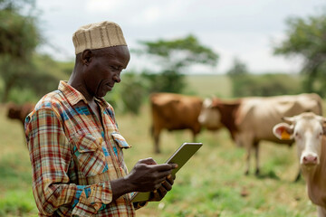 Farmer using a tablet for livestock feeding management