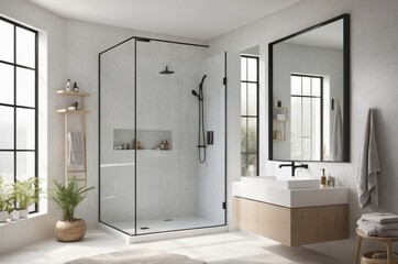 Modern bathroom with black accents and natural light streaming through large windows