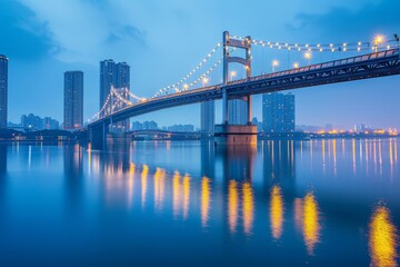 Illuminated Suspension Bridge Over a Calm River