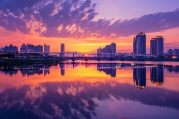 Fototapeta premium Cityscape Reflection at Sunset