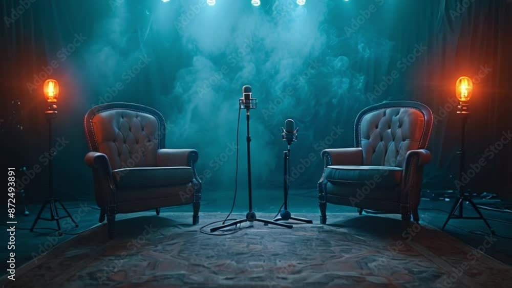 Poster this stage set with two armchairs and microphones. podcast and streaming concept