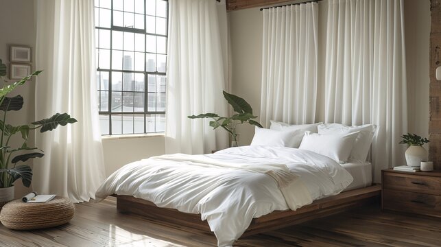 Sunlit bedroom with wooden bed and white linens, large window, and indoor plants.